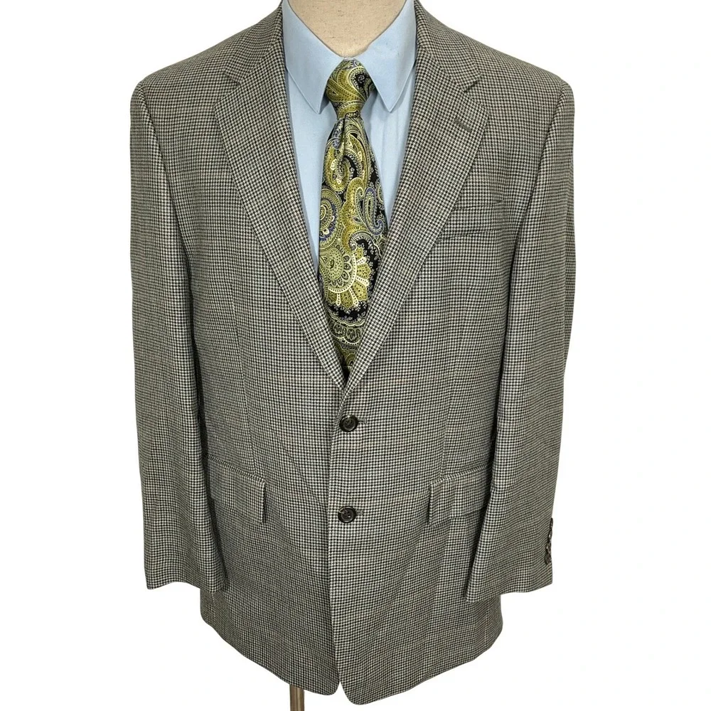 CHAPS Blazer Mens 40R Gray Blue Jacket Houndstooth Plaid Silk Wool Sport Coat